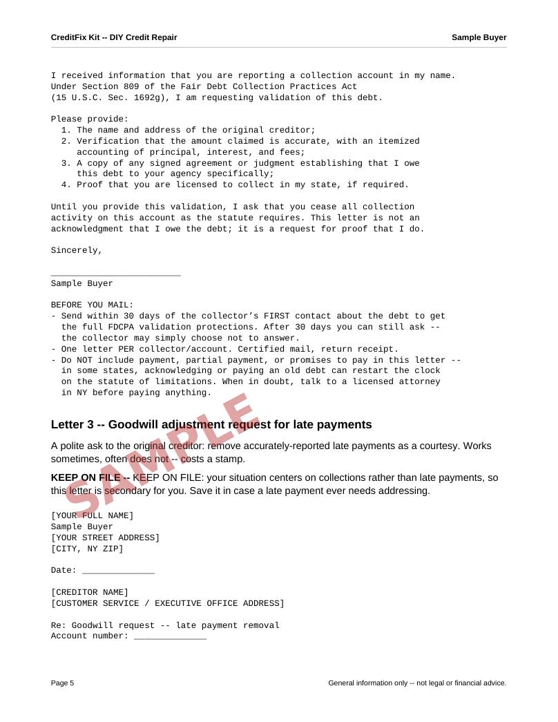 Sample page from the CreditFix Kit PDF showing a debt validation letter template