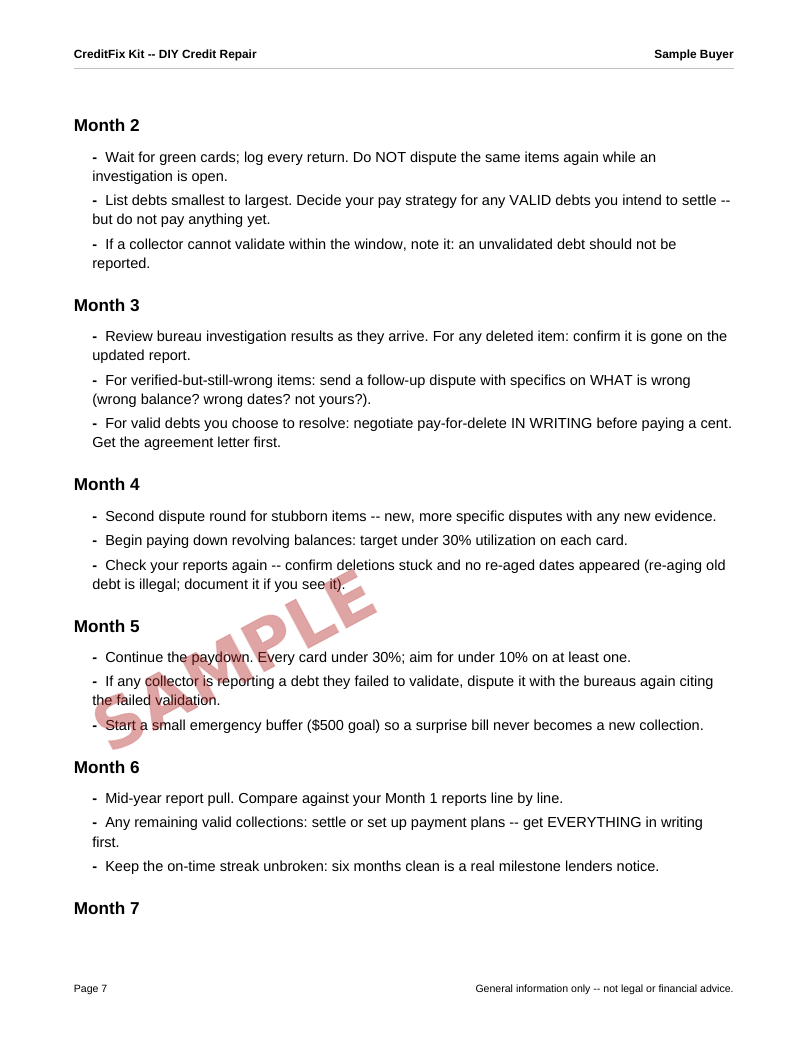 Sample page from the CreditFix Kit PDF showing the month-by-month 12-month rebuild plan